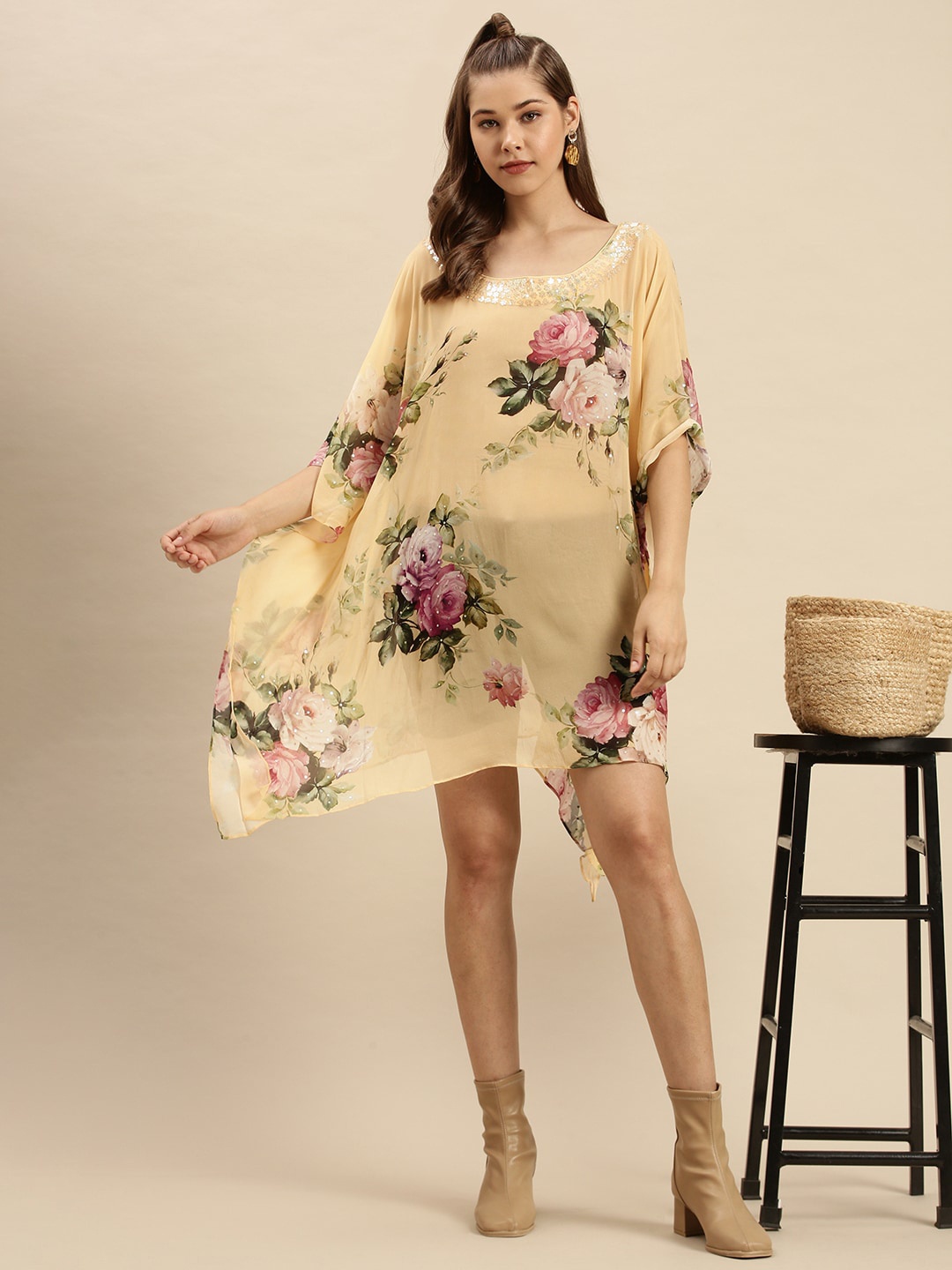 

Sanwara Women Beige Floral Georgette Kaftan Dress