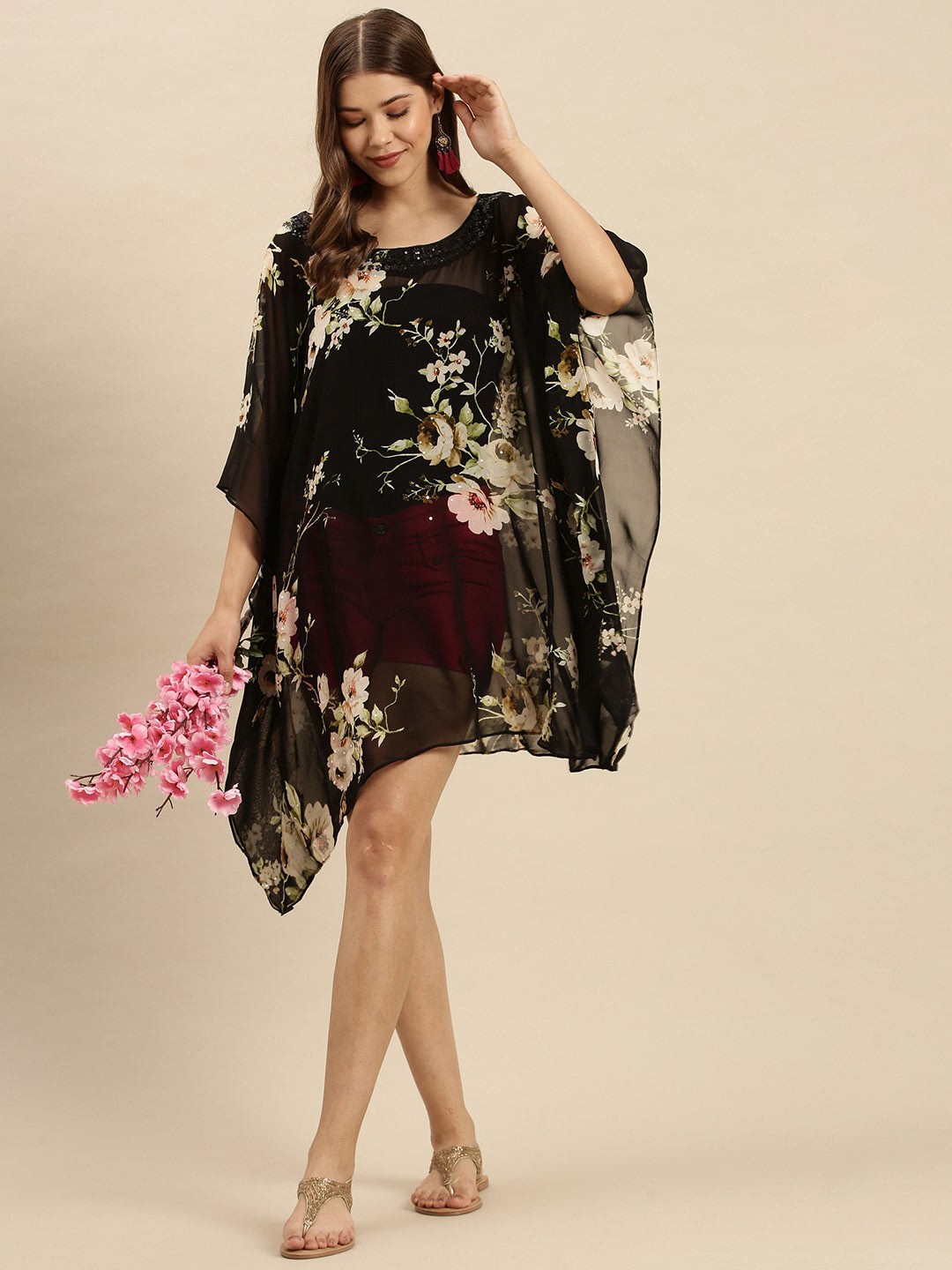 

Sanwara Black Floral Georgette Kaftan Dress