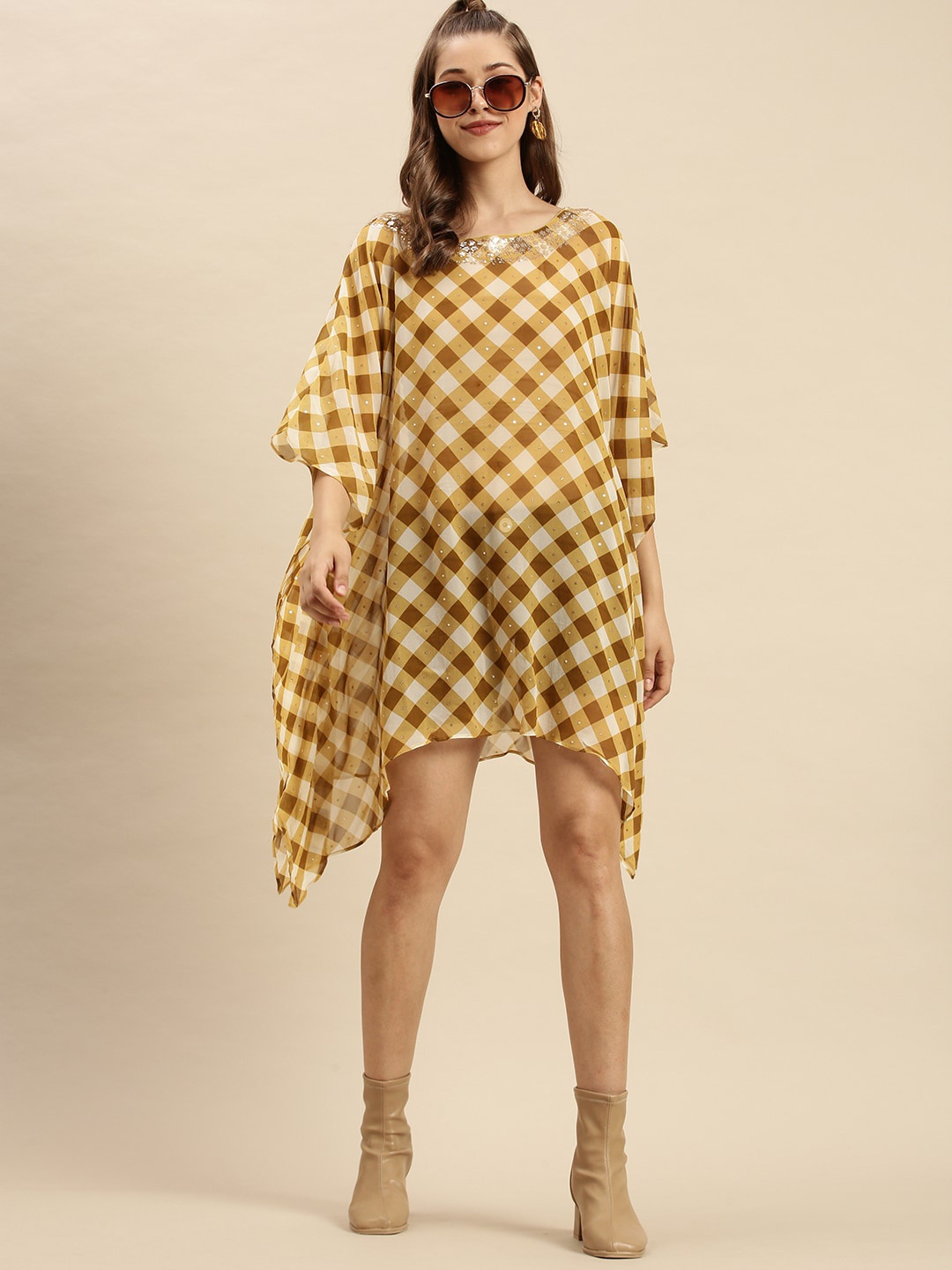 

Sanwara Gold-Toned Checked Georgette Kaftan Dress