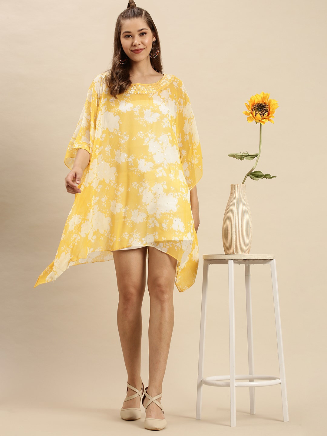 

Sanwara Yellow Floral Georgette Kaftan Dress