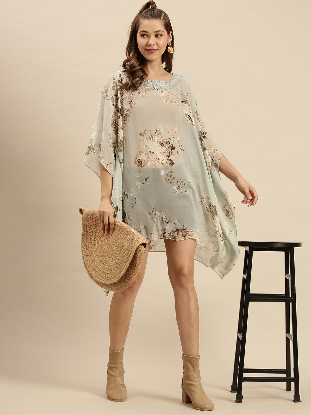 

Sanwara Blue Floral Georgette Kaftan Dress