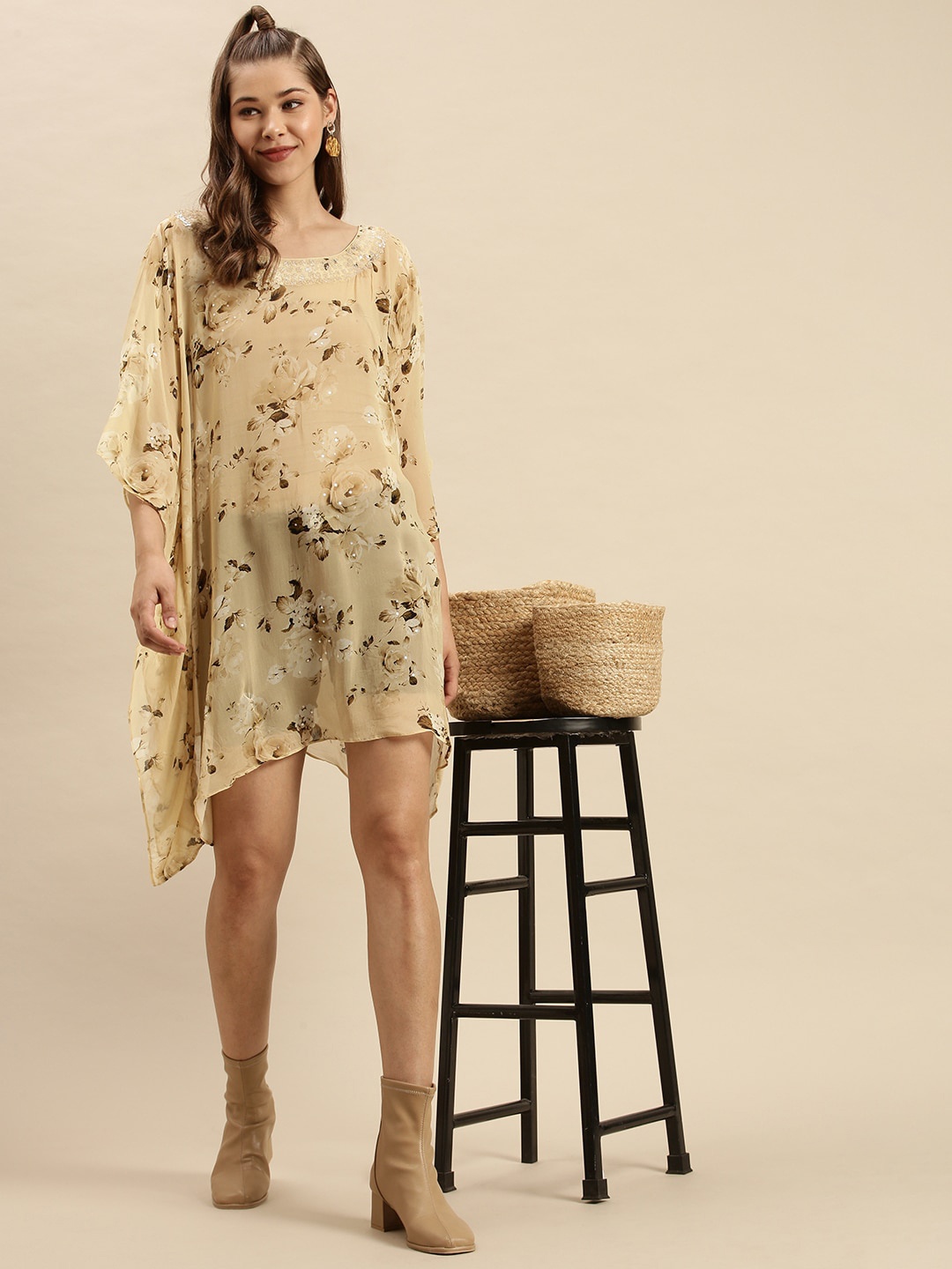 

Sanwara Beige Floral Georgette Kaftan Dress