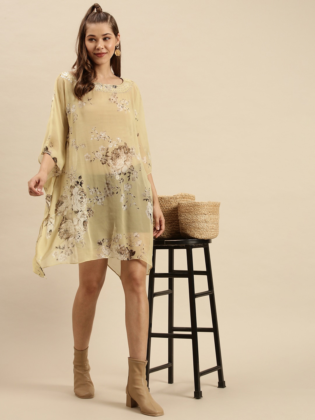 

Sanwara Beige Floral Georgette A-Line Dress