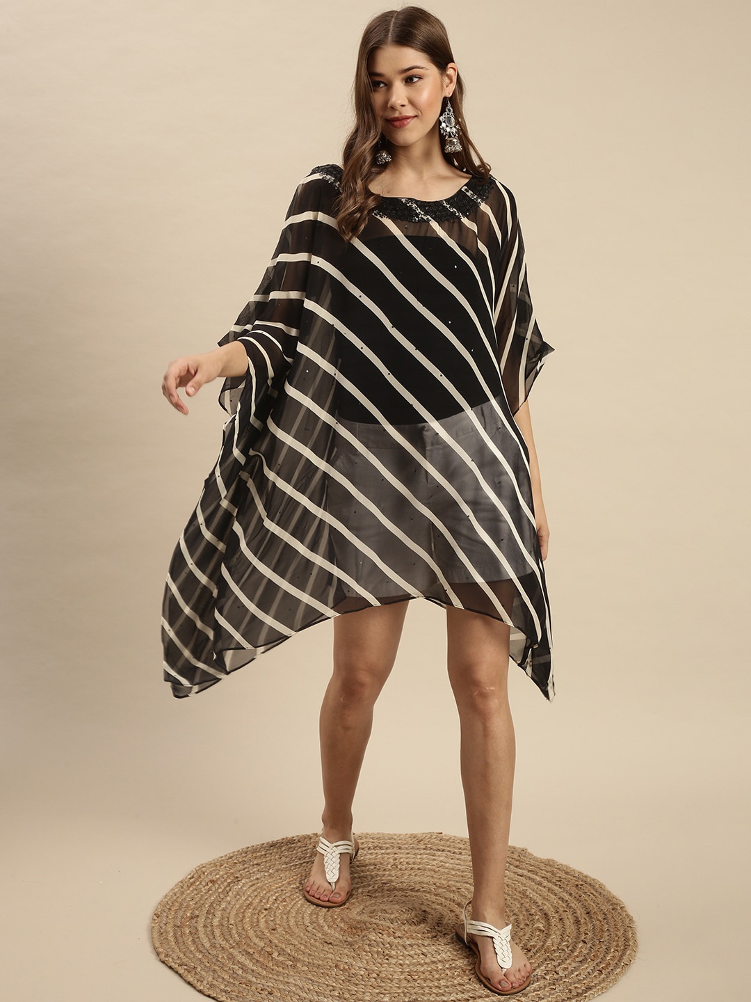 

Sanwara Black Striped Georgette Sheer Kaftan Dress