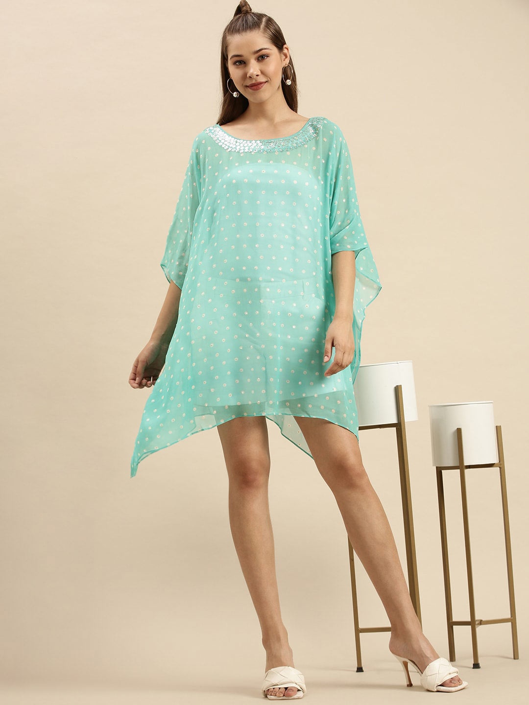 

Sanwara Green Ethnic Motifs Georgette Kaftan Dress
