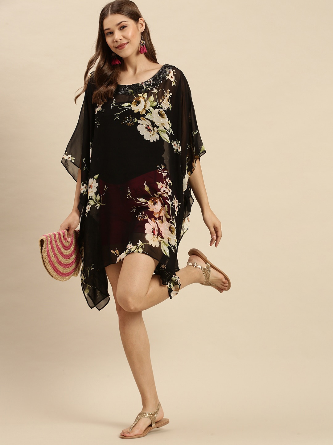 

Sanwara Black Floral Georgette Sheer Kaftan Dress