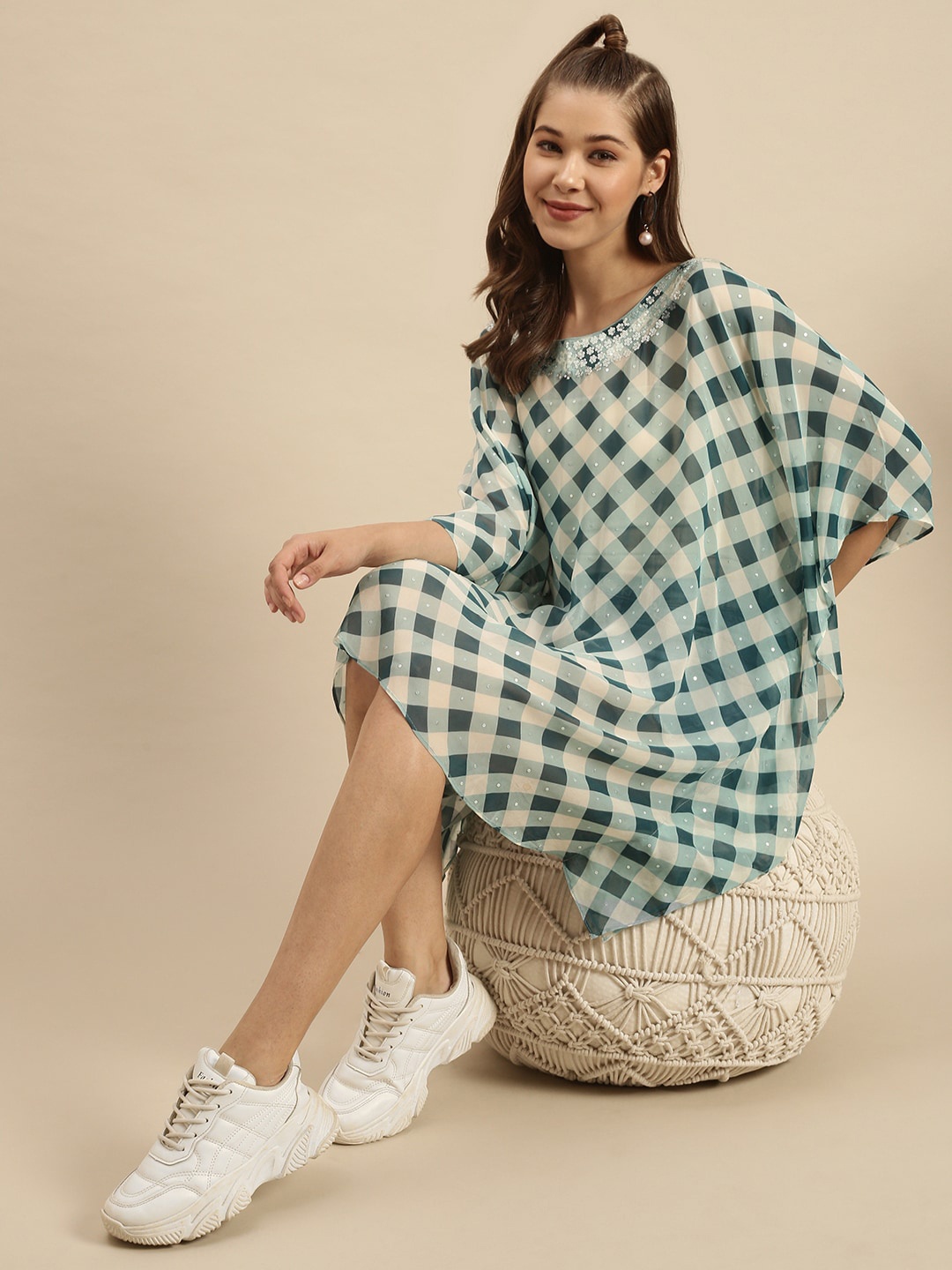 

Sanwara Green Checked Georgette Kaftan Dress