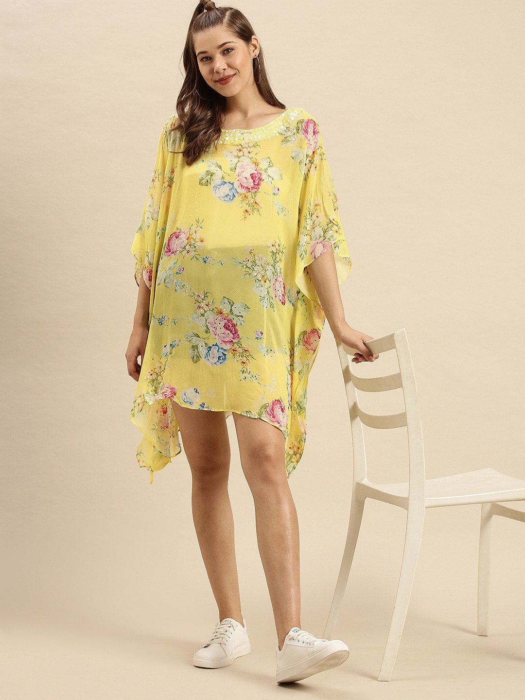 

Sanwara Yellow Floral Georgette Sheer Kaftan Dress