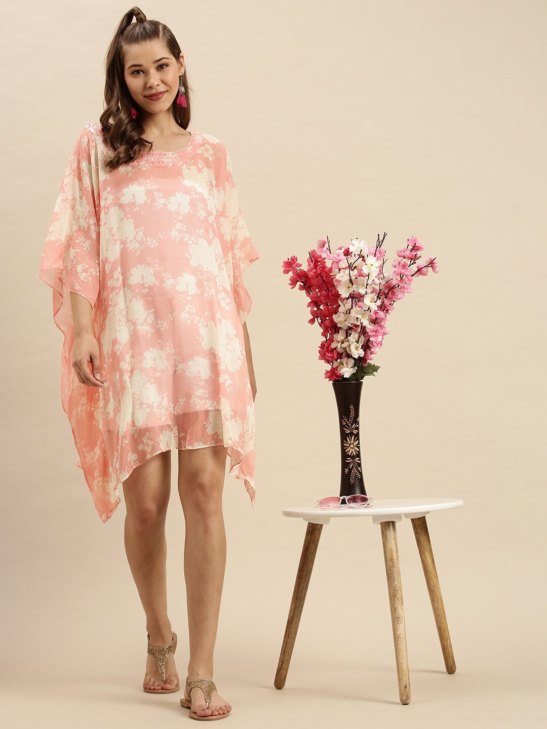 

Sanwara Red Floral Georgette Kaftan Dress