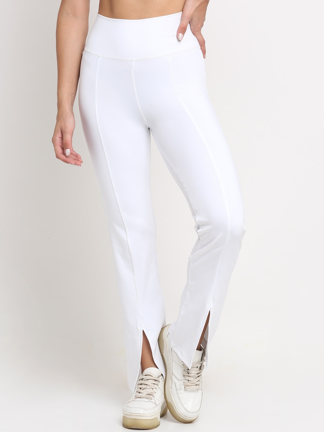 

EVERDION Women White Relaxed Straight Leg Flutter Flare High-Rise Non Iron Yoga Trousers