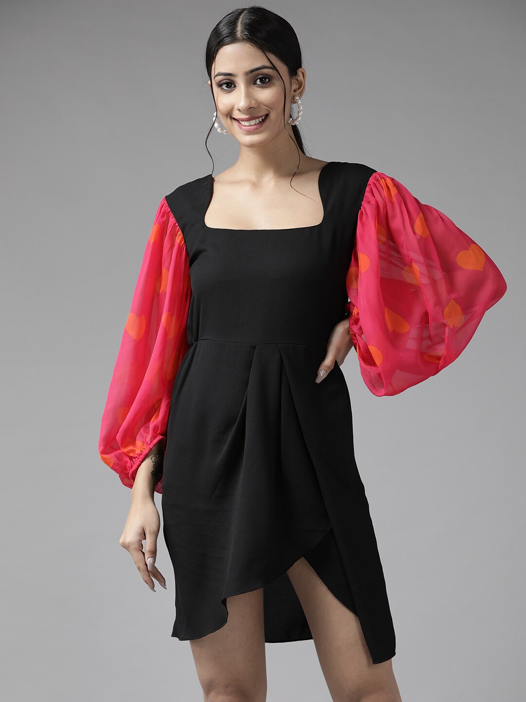 

PANIT Women Black Georgette Asymmetric Hem A-Line Dress