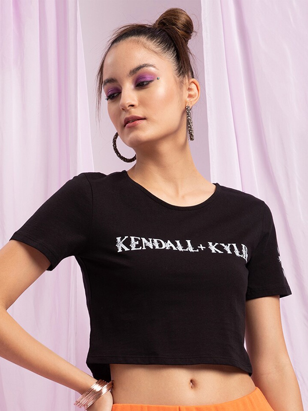 

KENDALL & KYLIE Women Black Typography Slim Fit Cotton T-shirt