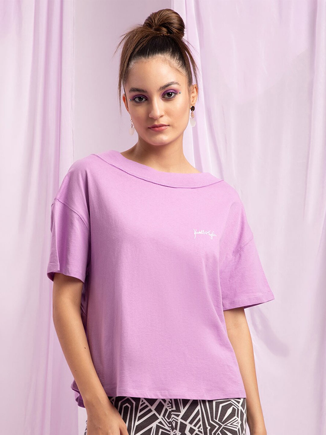 

KENDALL & KYLIE Women Purple Drop-Shoulder Sleeves Oversized T-shirt