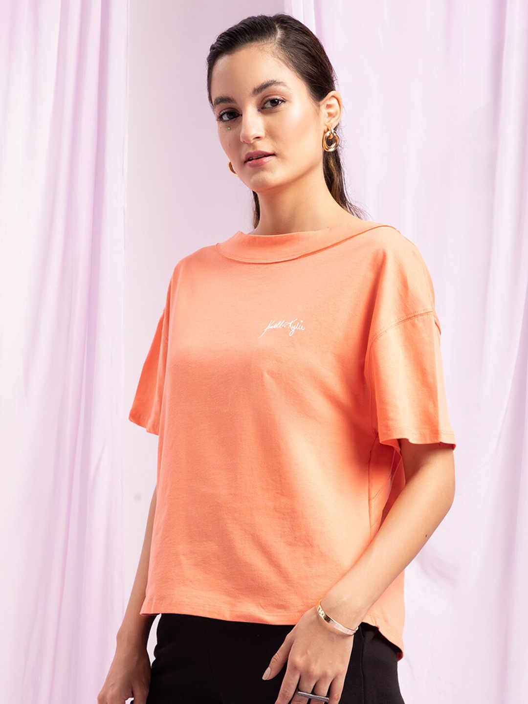 

KENDALL & KYLIE Women Orange Solid Drop-Shoulder Sleeves Oversized Cotton T-shirt