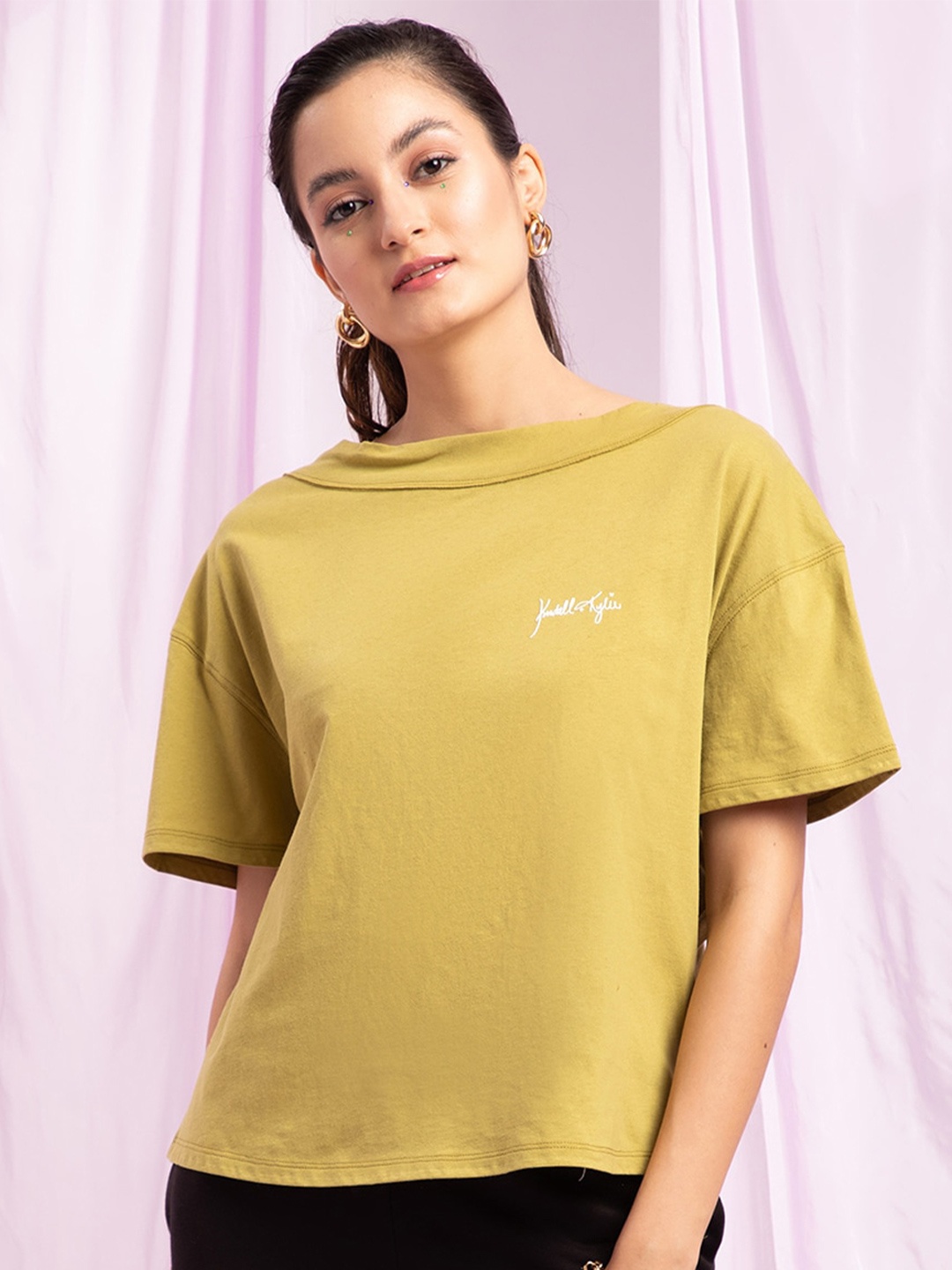 

KENDALL & KYLIE Women Green Drop-Shoulder Sleeves Oversized T-shirt