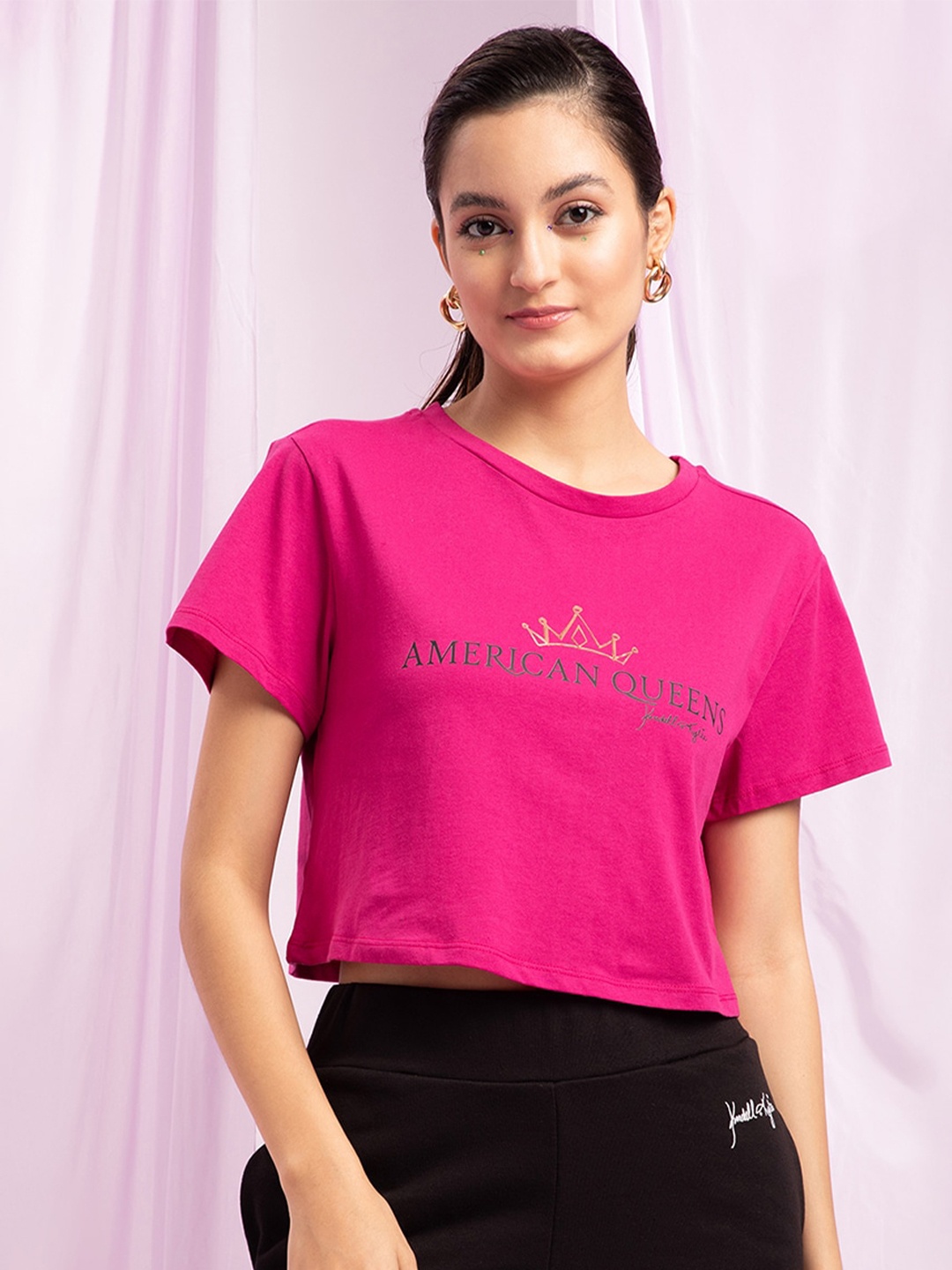 

KENDALL & KYLIE Women Fuchsia Typography Printed Oversized T-shirt