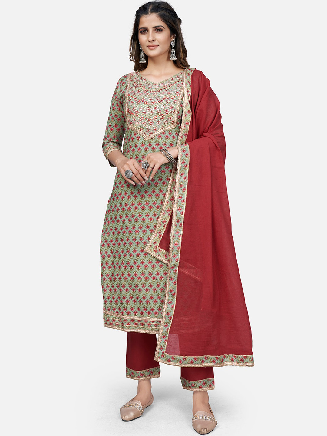 

Vbuyz Women Green & Red Printed Pure Cotton Kurta with Trousers & With Dupatta