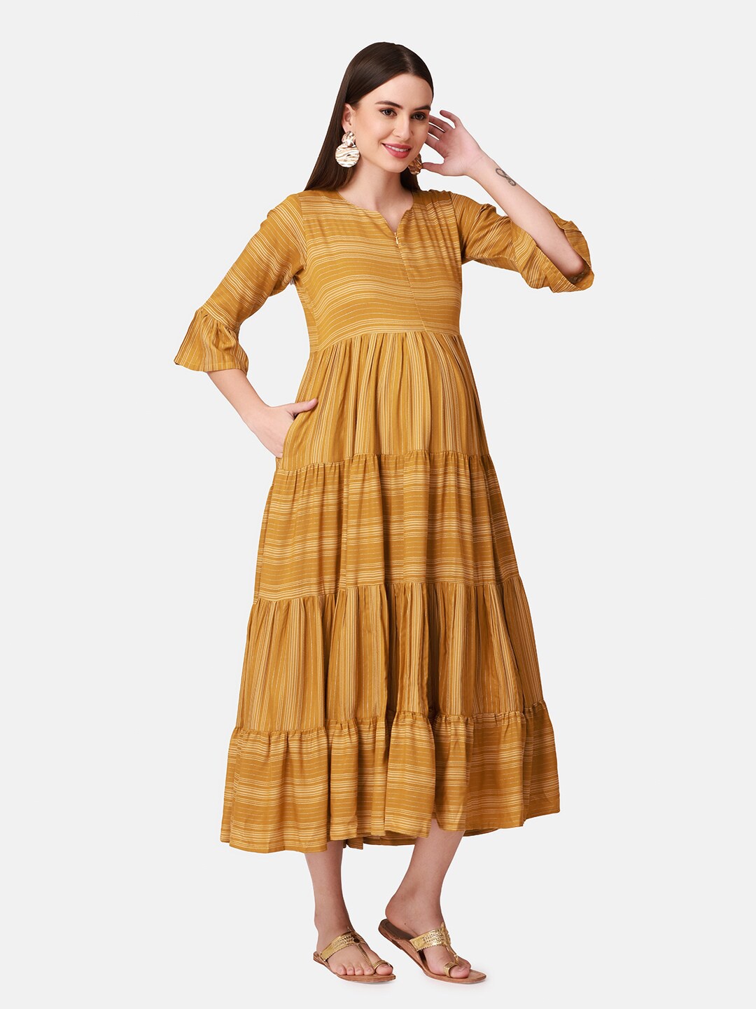 

The Mom Store Gold-Toned Striped Maternity A-Line Midi Dress