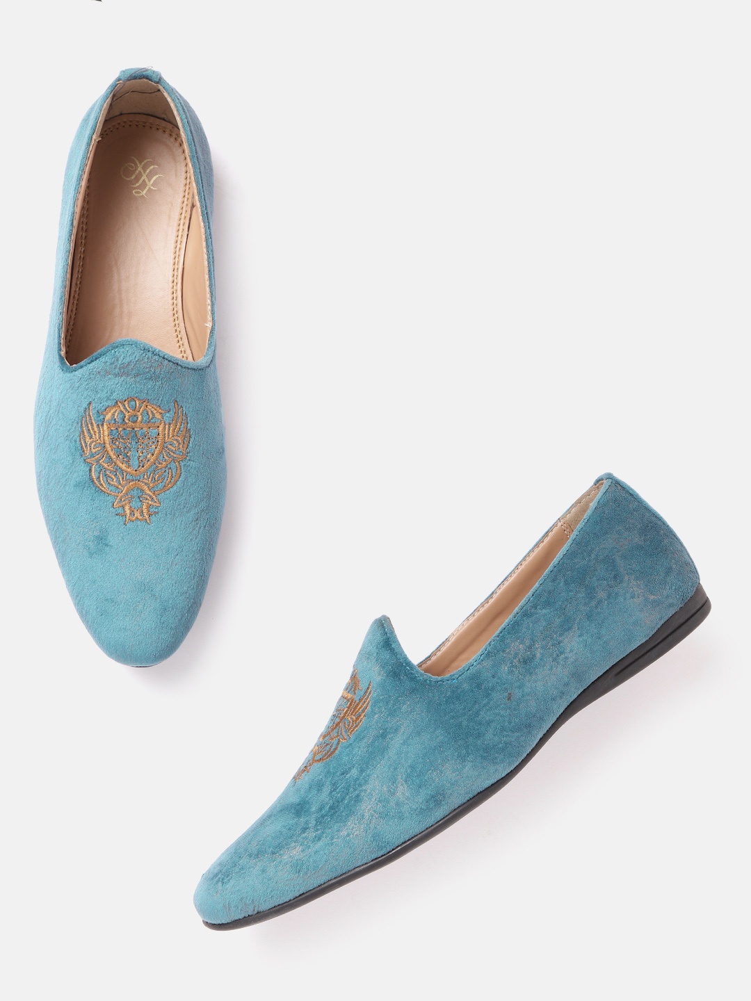 

House of Pataudi Men Blue & Beige Embroidered Handcrafted Slip-Ons