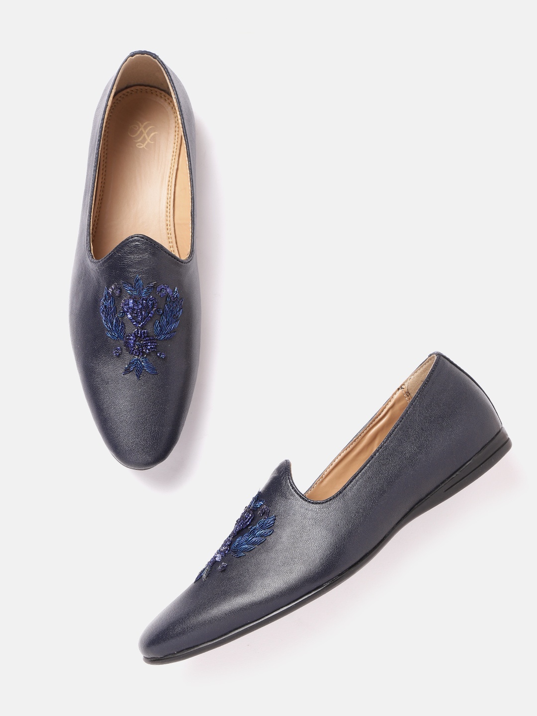 

House of Pataudi Men Navy Blue Embellished Handcrafted Slip-Ons
