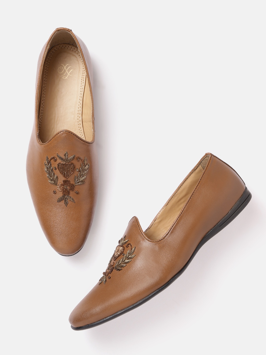 

House of Pataudi Men Brown & Gold-Toned Embellished Handcrafted Slip-Ons