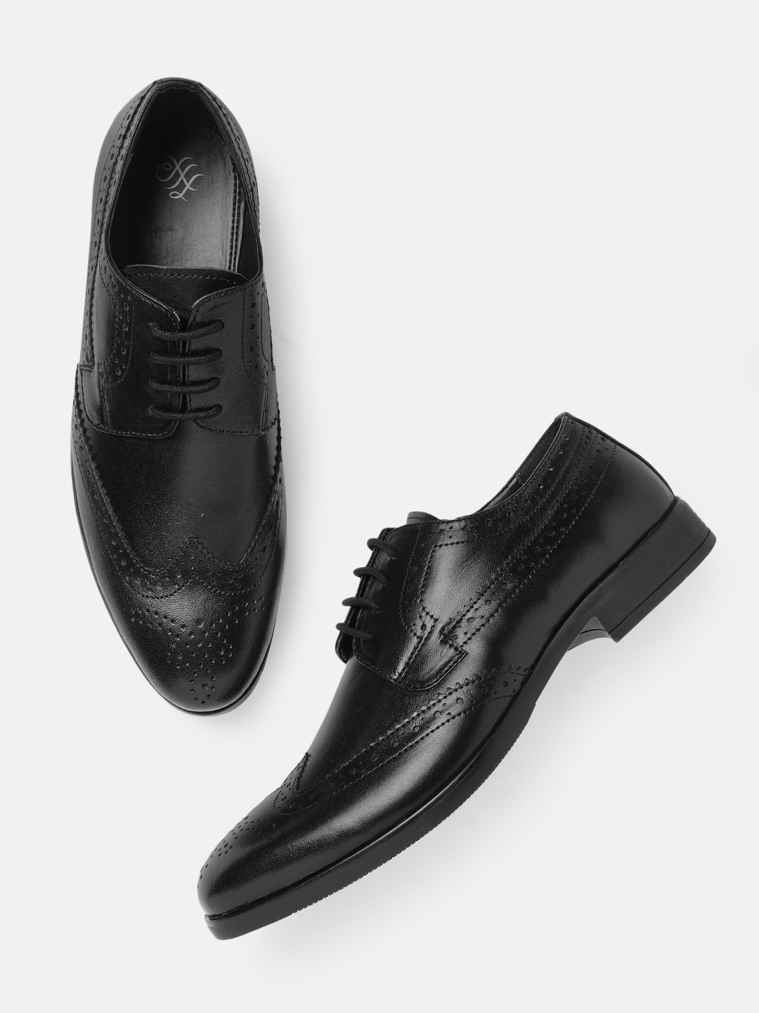 

House of Pataudi Men Black Handcrafted Formal Brogues