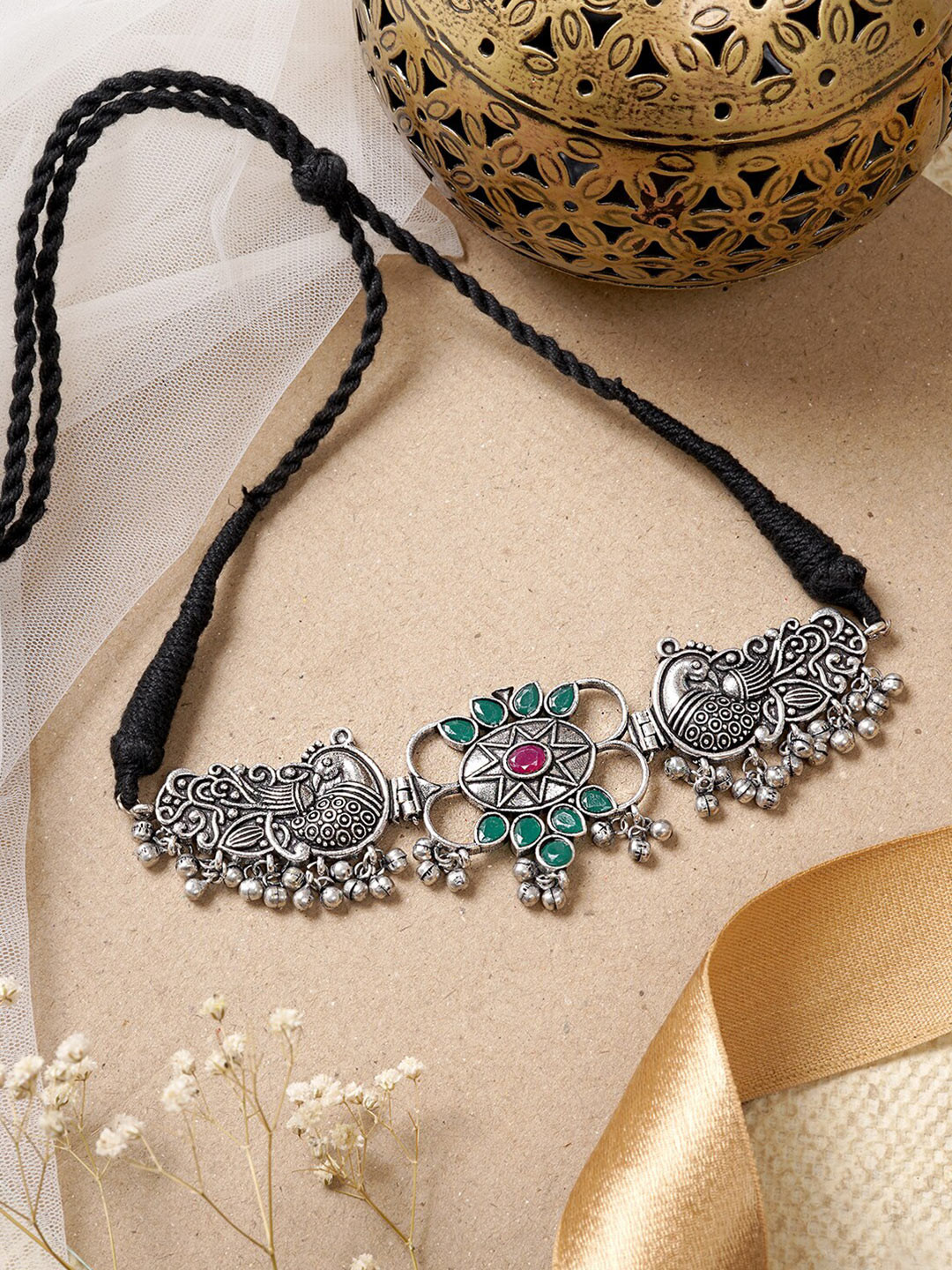 

TEEJH Silver-Toned & Green Brass Necklace