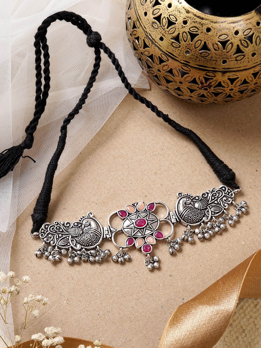 

TEEJH Silver-Toned & Pink Brass Peacock Choker Necklace