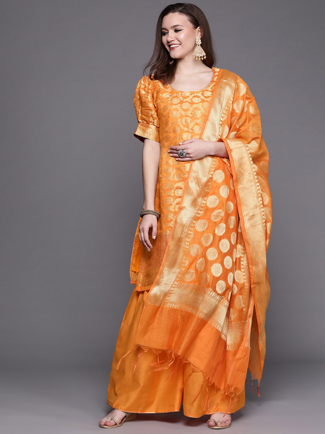 

Chhabra 555 Orange & Gold-Toned Art Silk Unstitched Dress Material