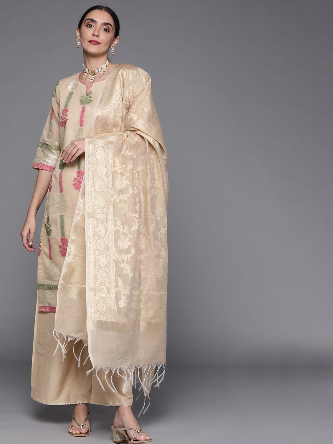 

Chhabra 555 Beige & Green Unstitched Dress Material