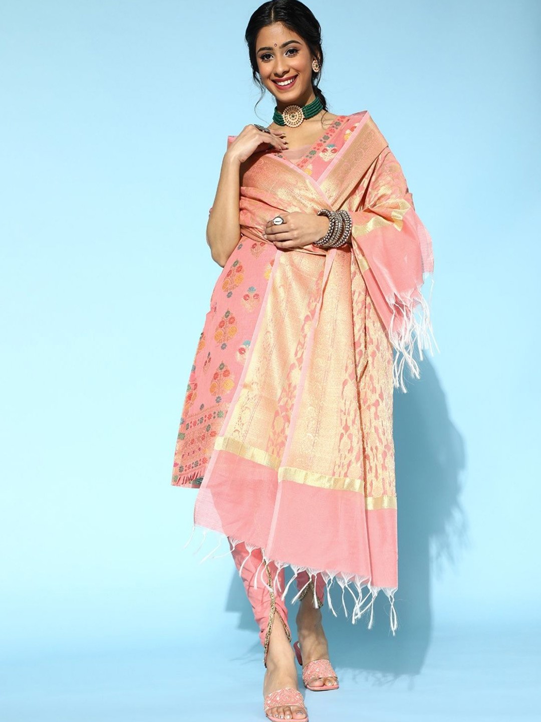 

Chhabra 555 Pink & Gold-Toned Banarasi Handloom Woven Unstitched Dress Material