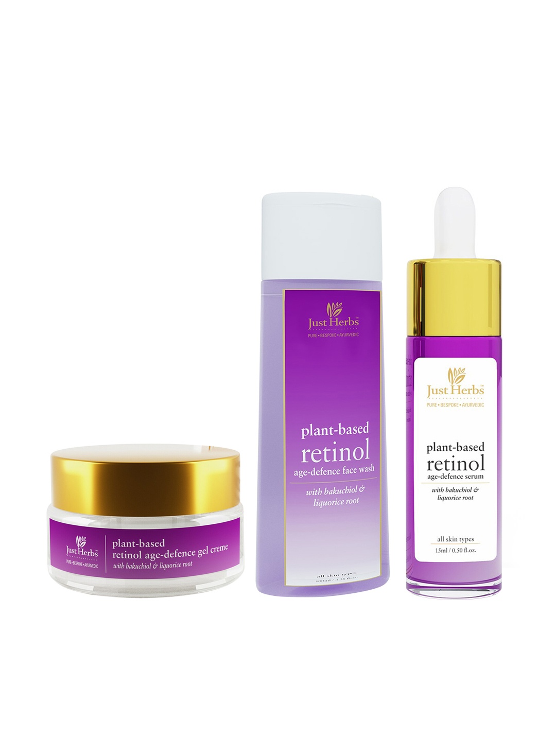 

Just Herbs Retinol Age Defence Combo - Face Wash 100ml + Night Cream 20g + Face Serum 15ml, Purple