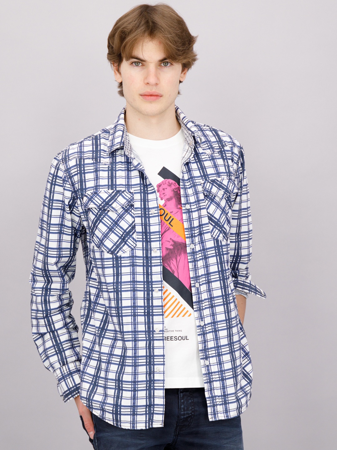 

FREESOUL Men Blue Tartan Checked Casual Shirt