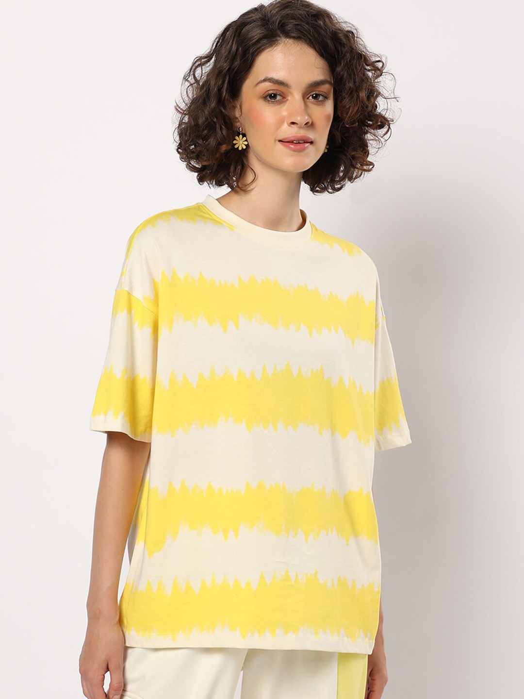 

Bewakoof Women Yellow Striped Loose T-shirt