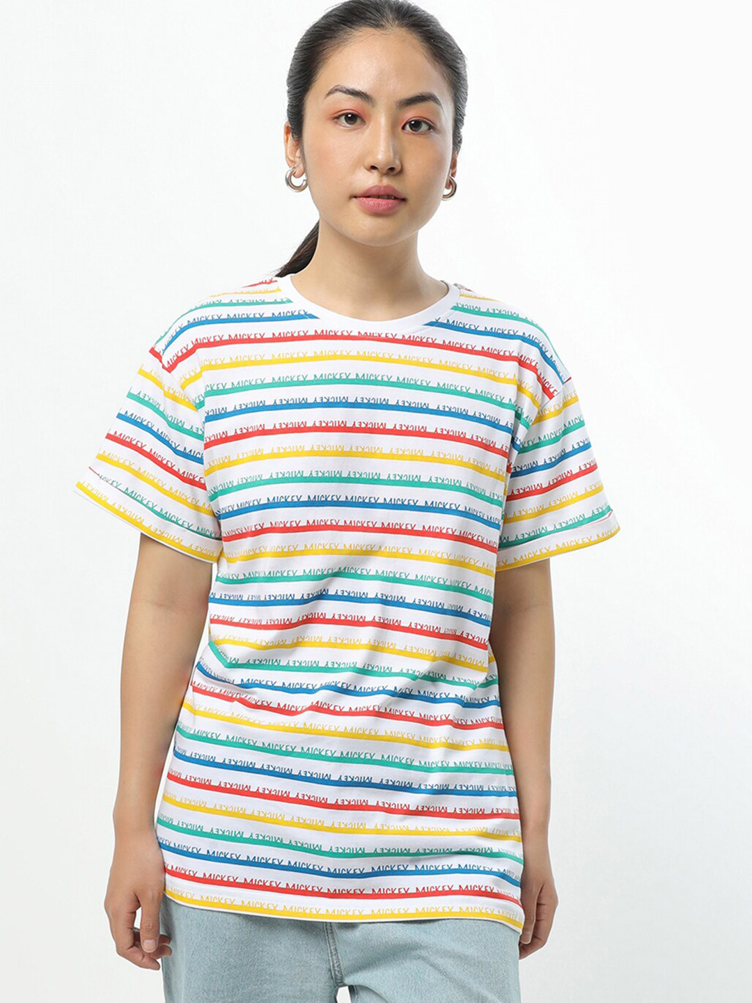 

Bewakoof Women White Striped Raw Edge Round Neck Half Sleeve T-shirt
