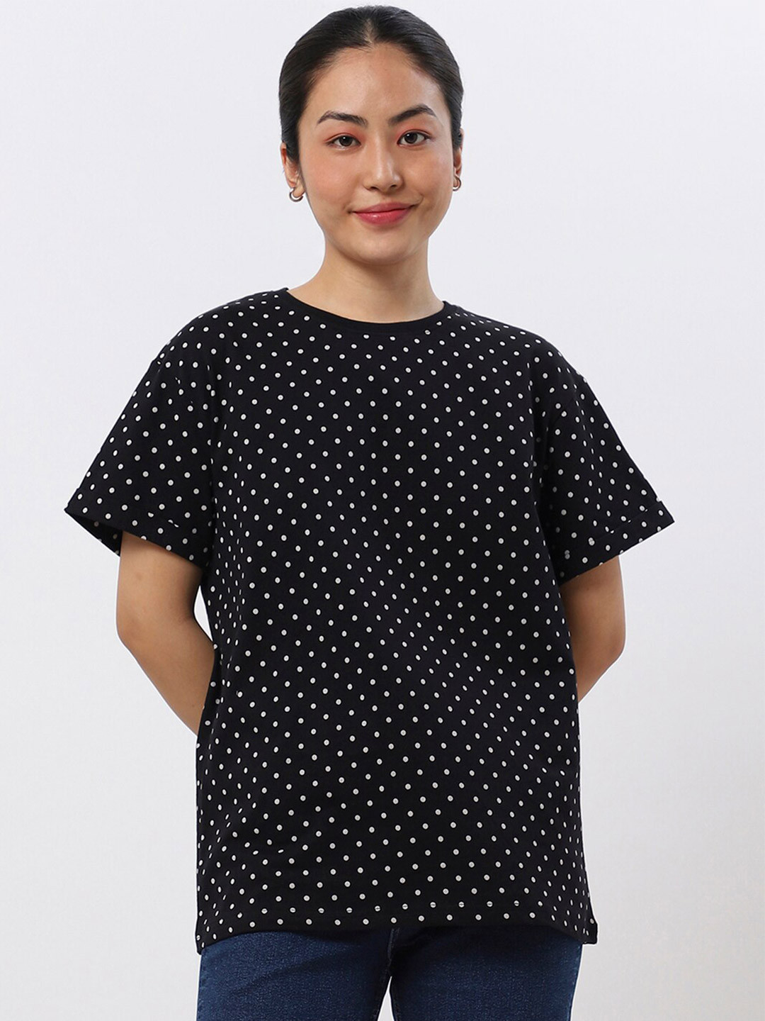 

Bewakoof Women Black Polka Dot Printed T-shirt