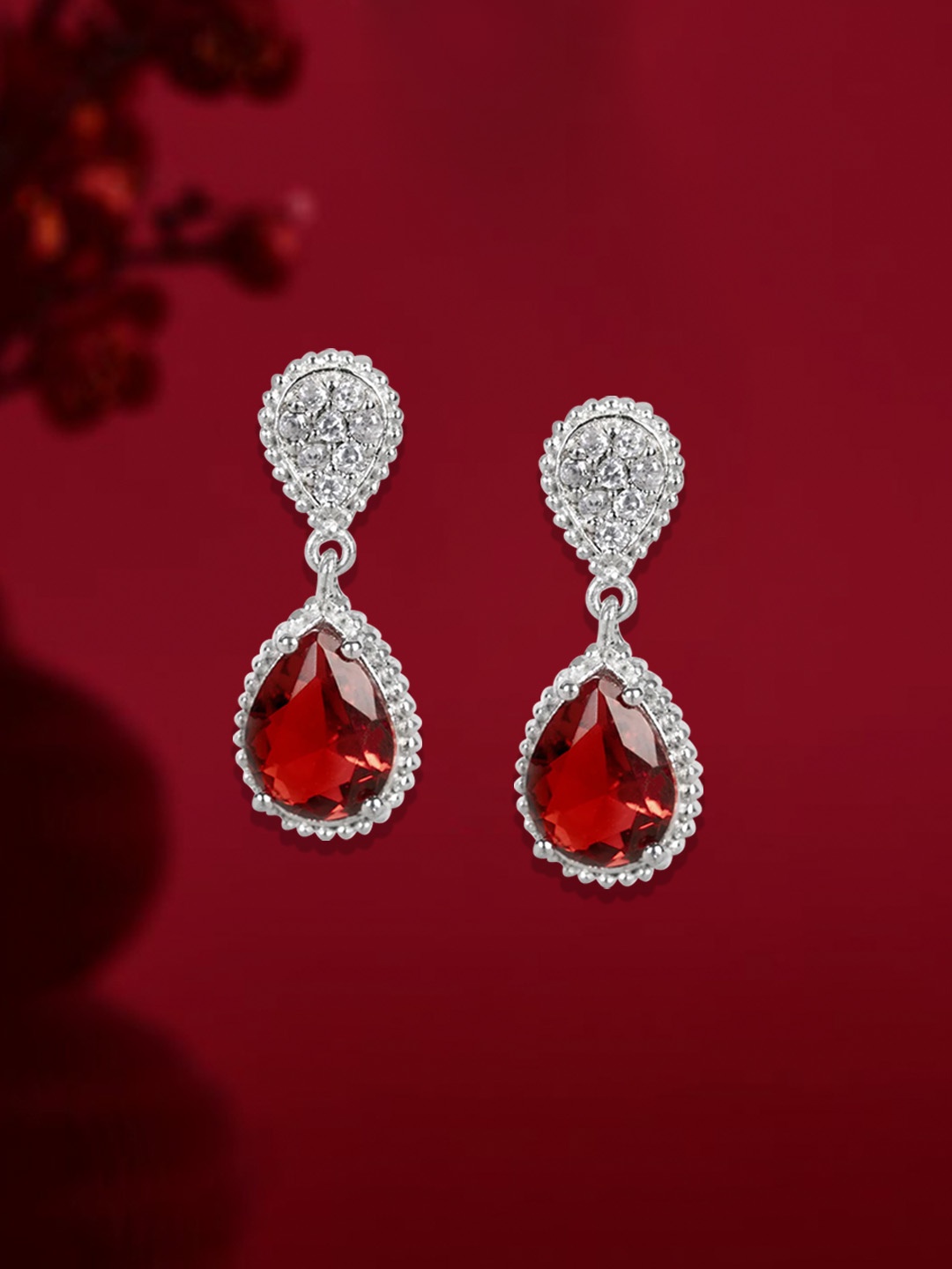 

March by FableStreet 925 Sterling Silver Elegant Red Zircon Studded Drop Earrings