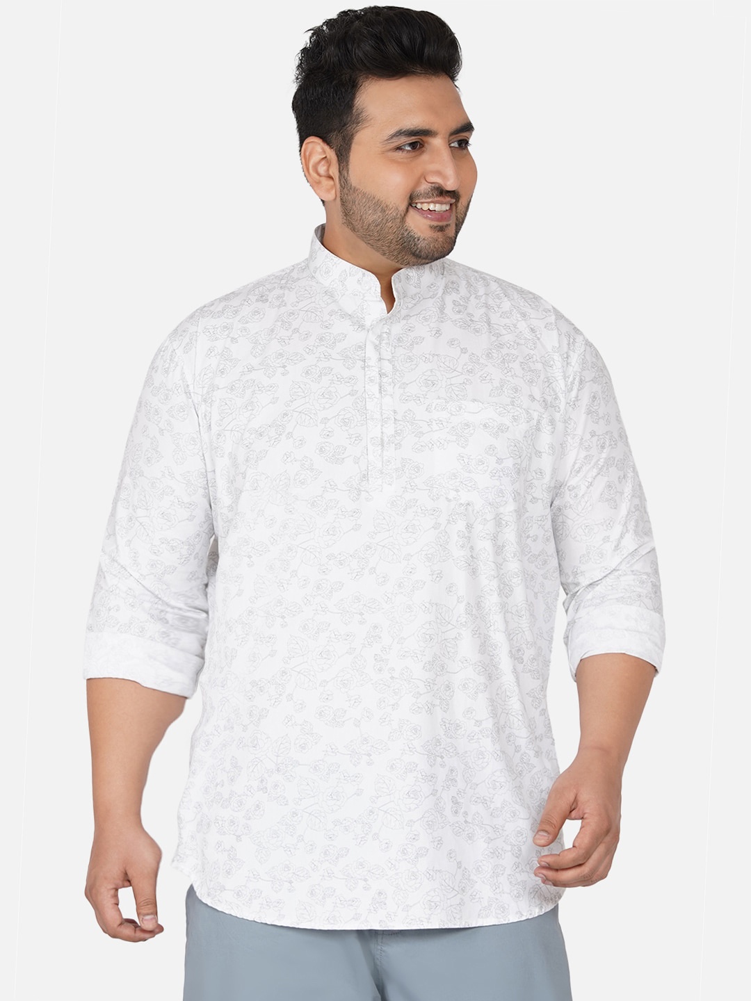 

John Pride Men White Comfort Floral Printed Plus Size Casual Shirt