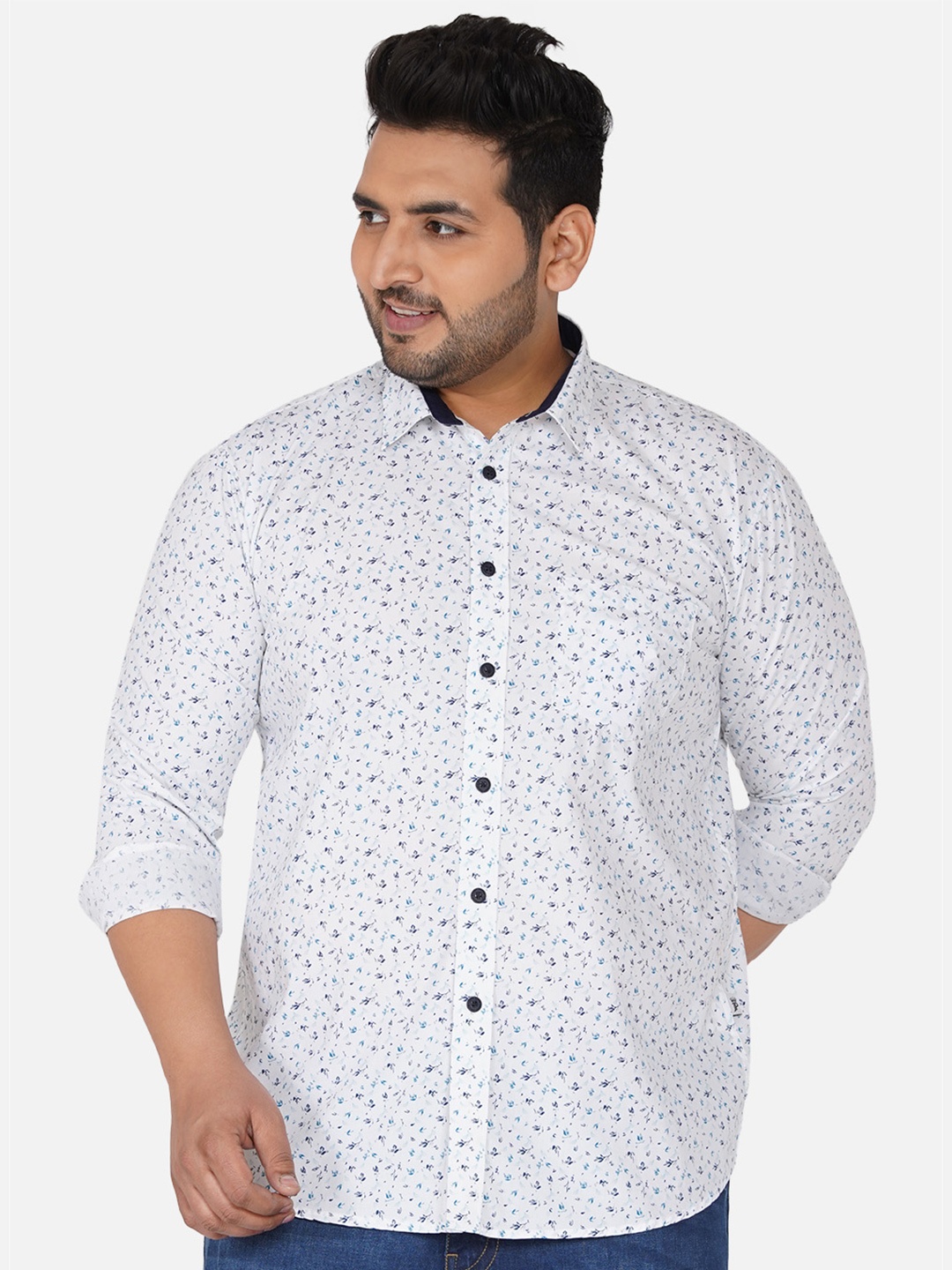 

John Pride Men White Comfort Floral Printed Plus Size Casual Shirt