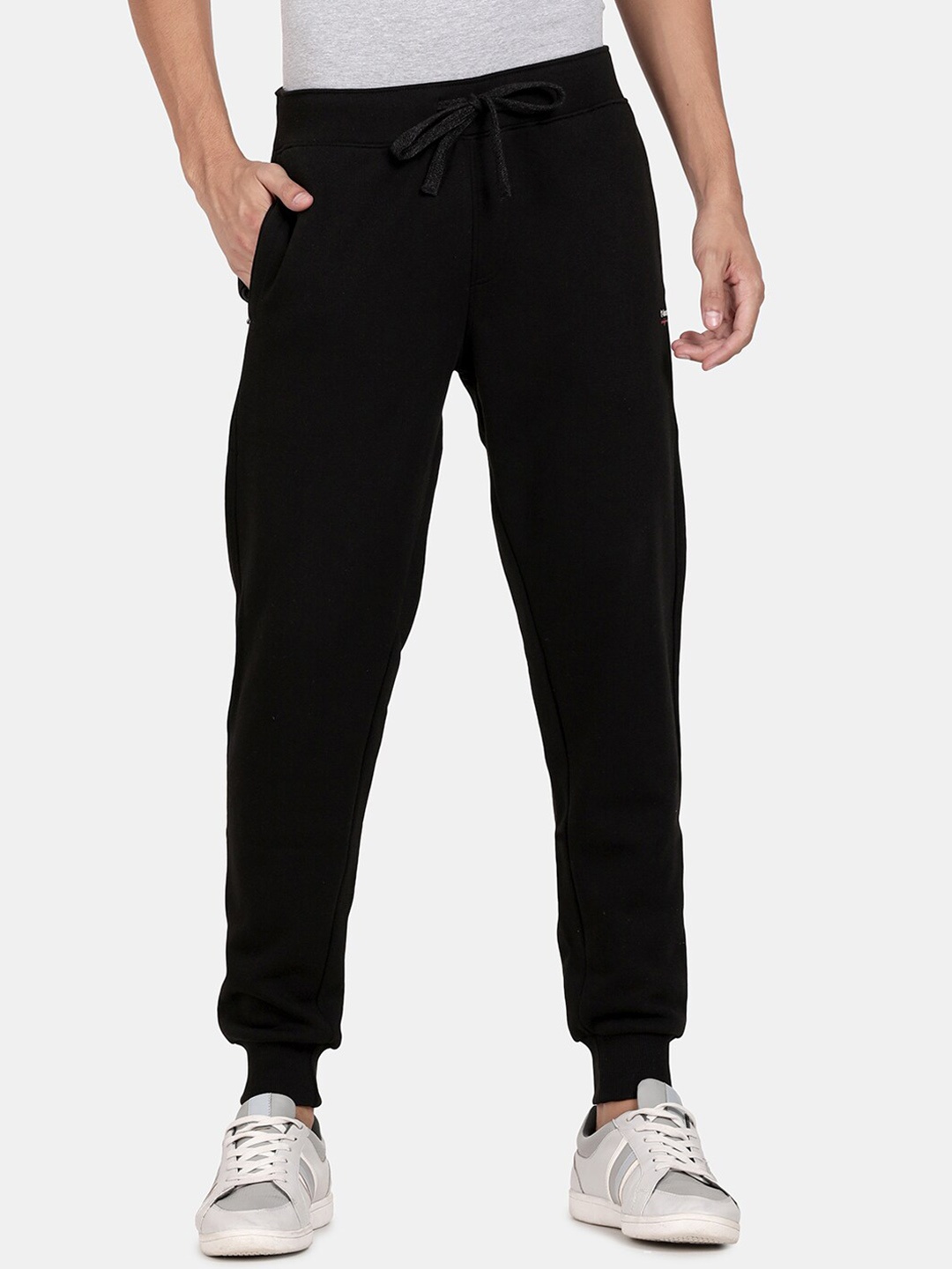 

t-base Men Black Solid Cotton Polyester Core Fleece Knitted Track Pant With Rib