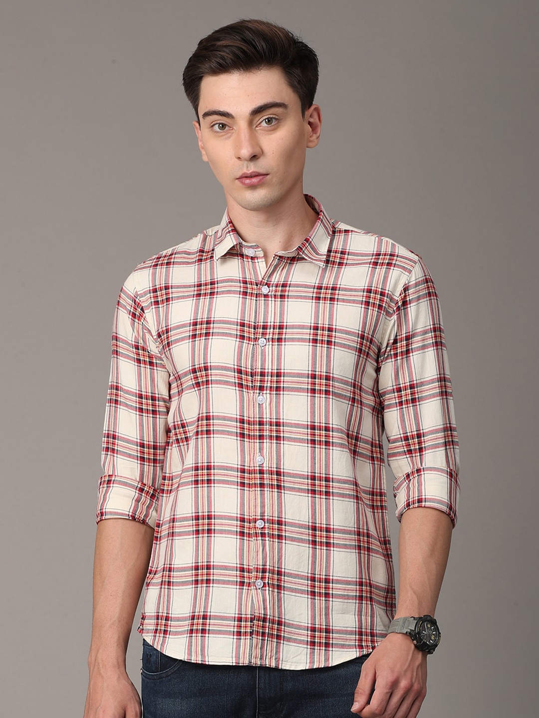 

Huggun Men Beige Premium Slim Fit Tartan Checks Checked Casual Shirt