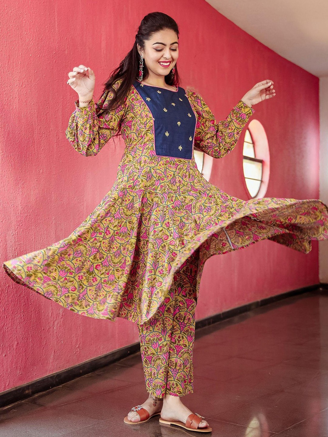

Ambraee Women Mustard Yellow & Pink Floral Yoke Design Pure Cotton Kurta with Trousers