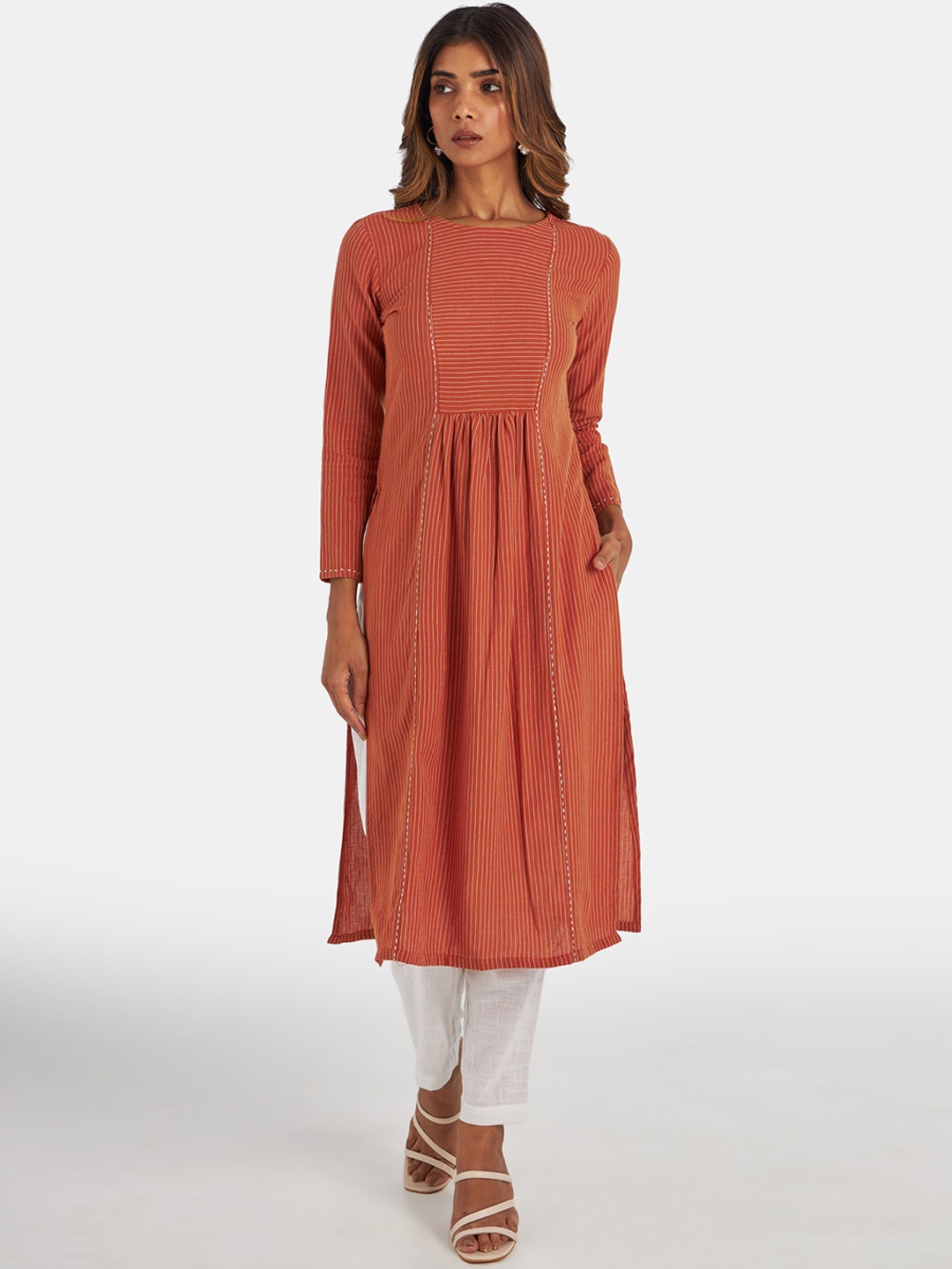 

Suta Women Rust Striped Pleated Pure Cotton Kurta with Trousers