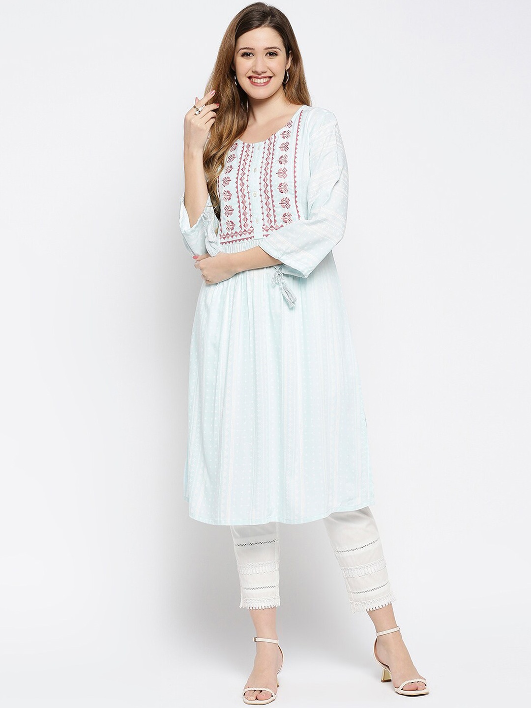 

Ethnicity Women Peach-Coloured Yoke Design Thread Work Anarkali Kurta