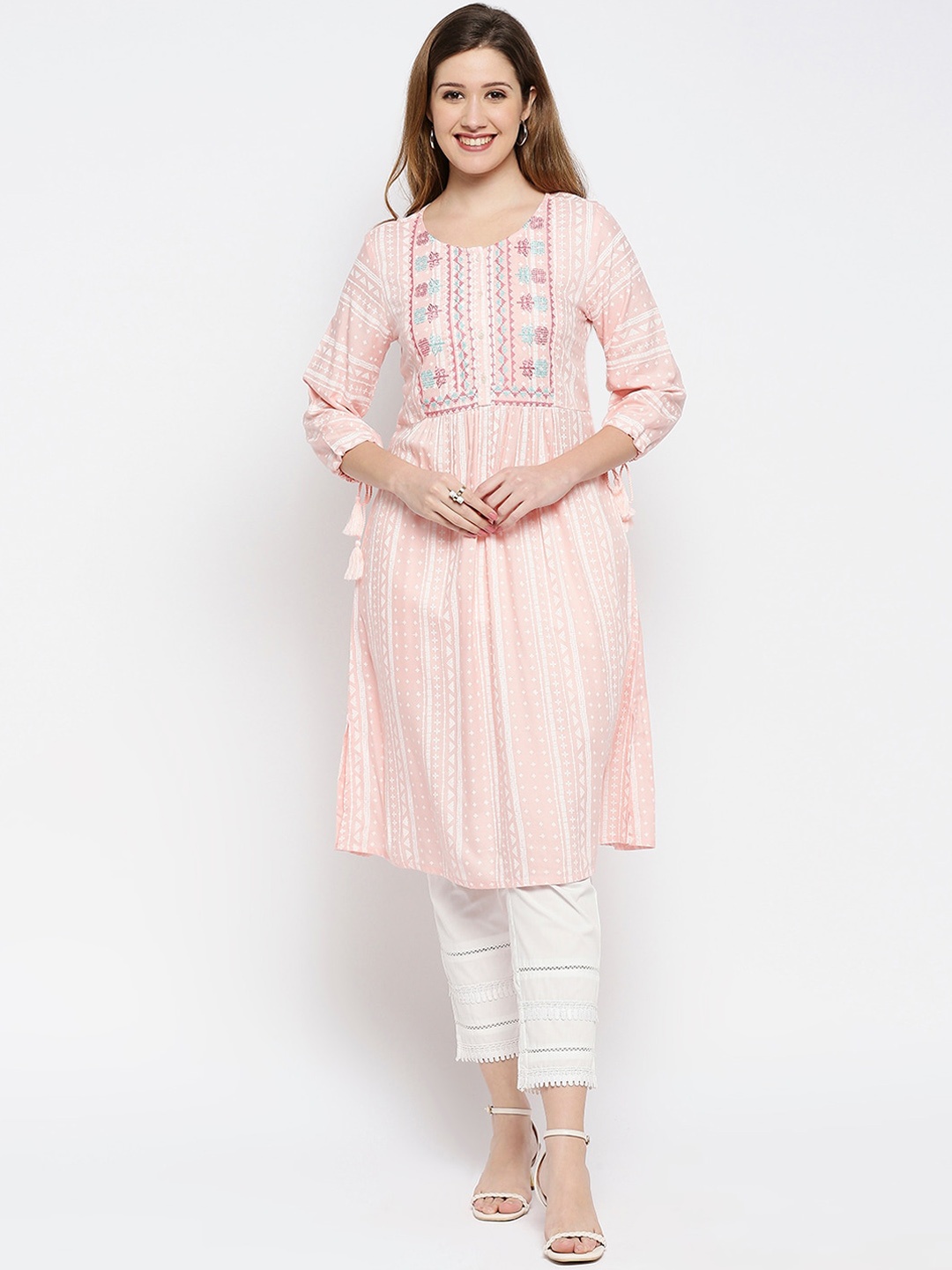 

Ethnicity Women Peach-Coloured Embroidered Kurta