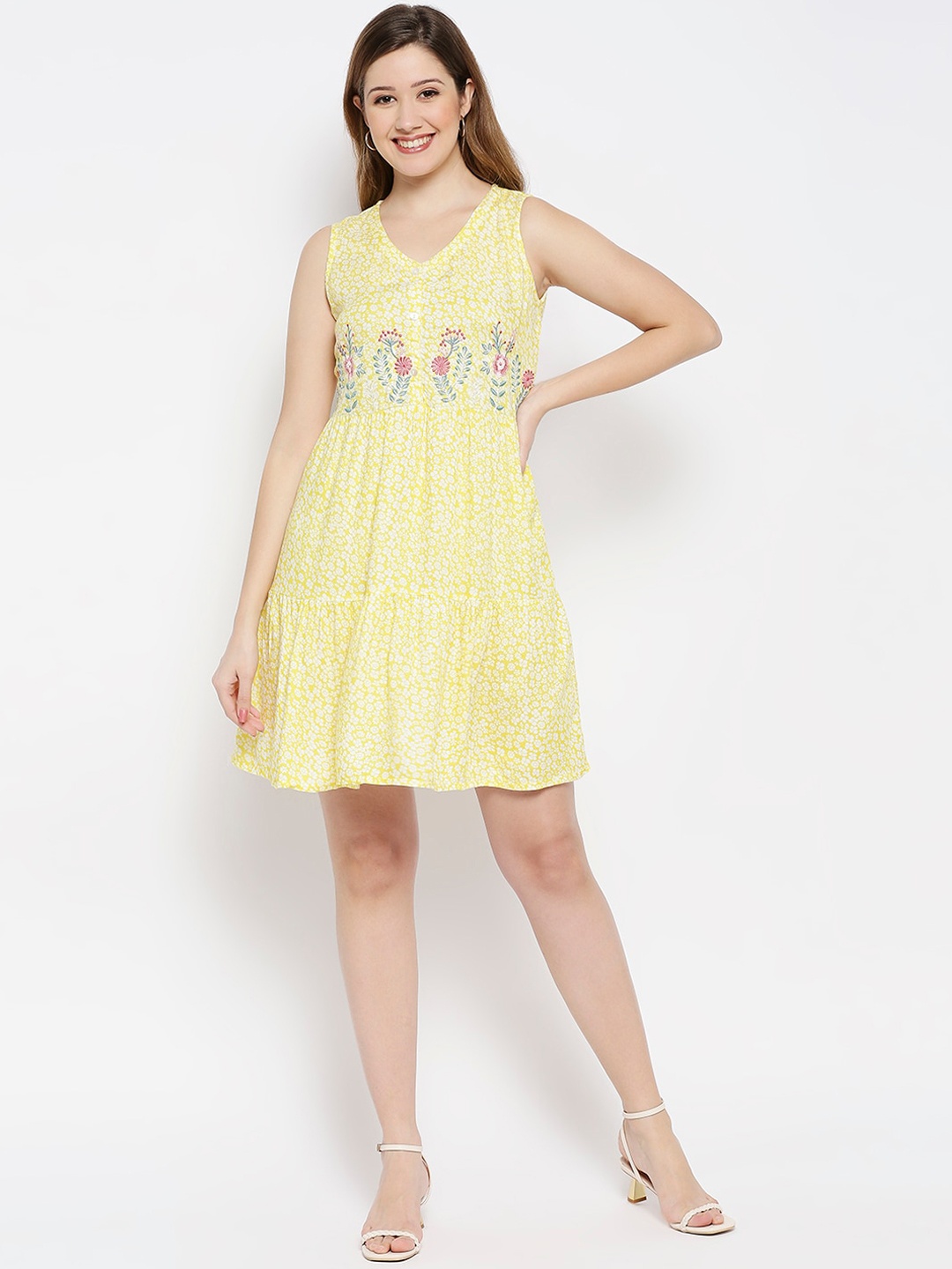

Ethnicity Women Yellow Floral Embroidered Thread Work Kurta