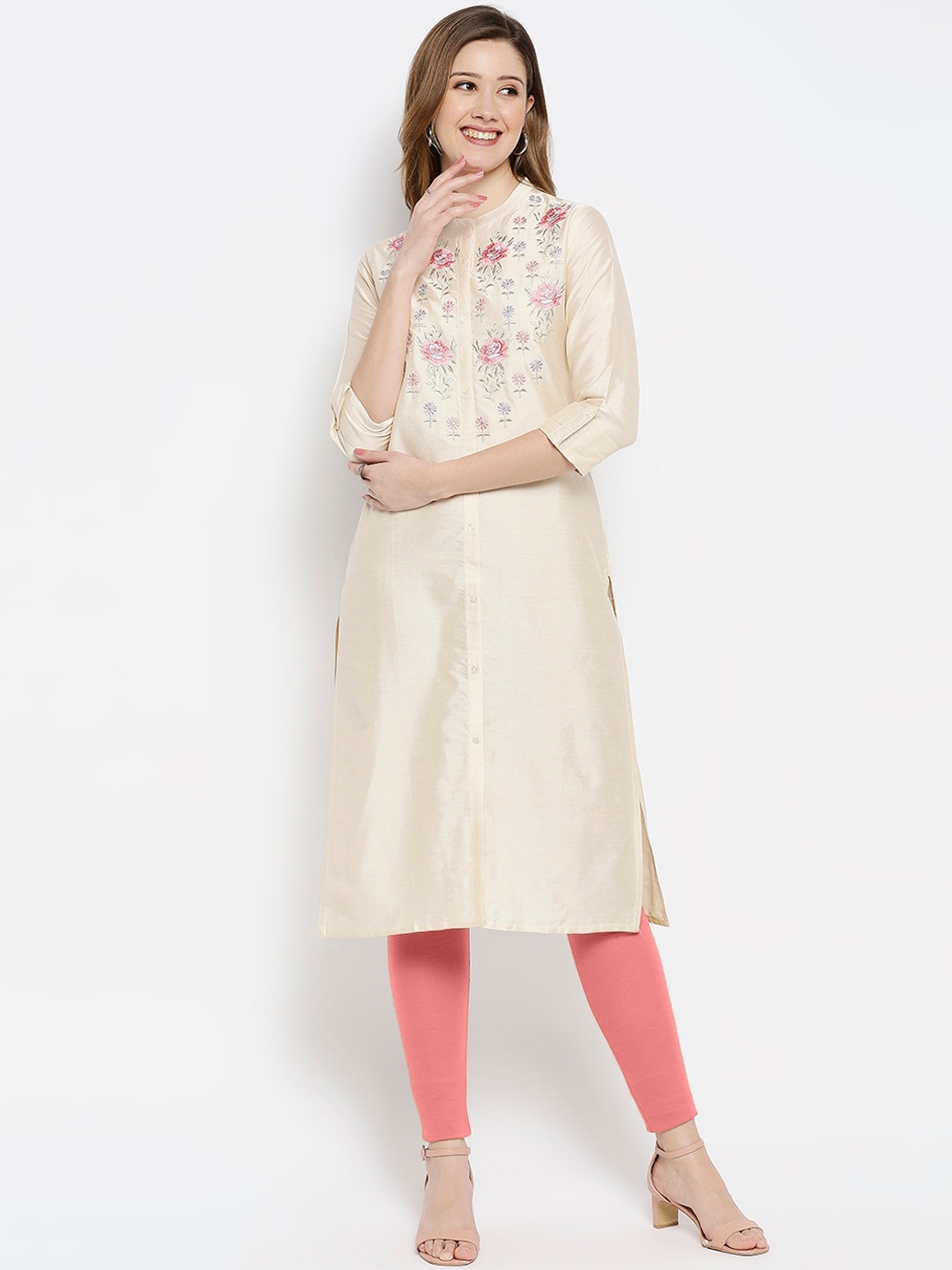 

Ethnicity Women Beige Embroidered Kurta