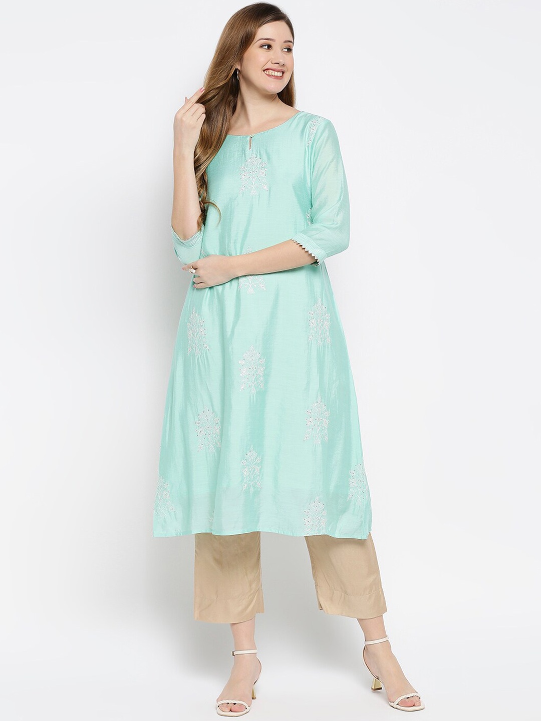 

Ethnicity Women Blue Ethnic Motifs Embroidered Keyhole Neck Kurta
