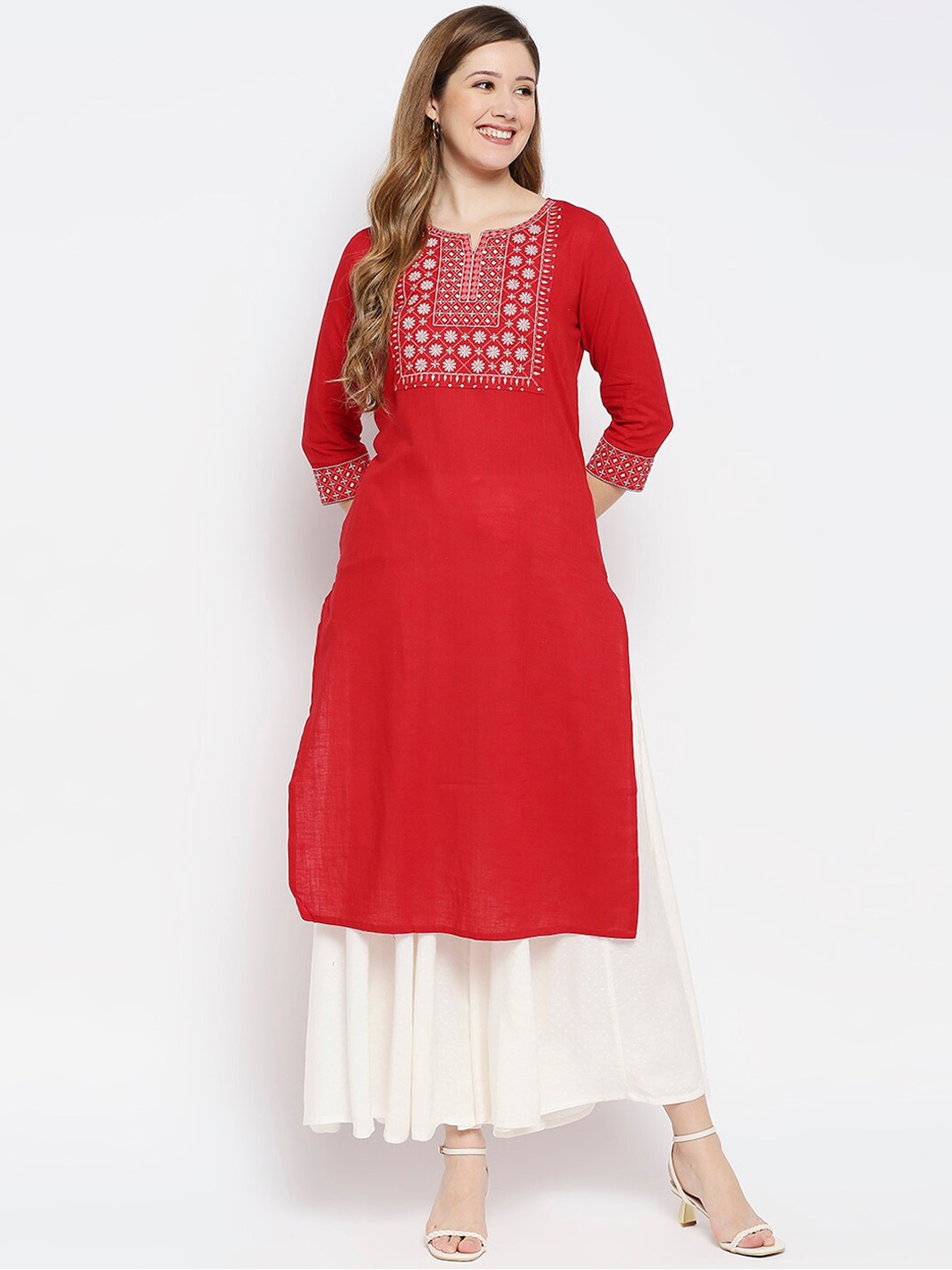 

Ethnicity Women Red Ethnic Motifs Yoke Design Thread Work Kurta