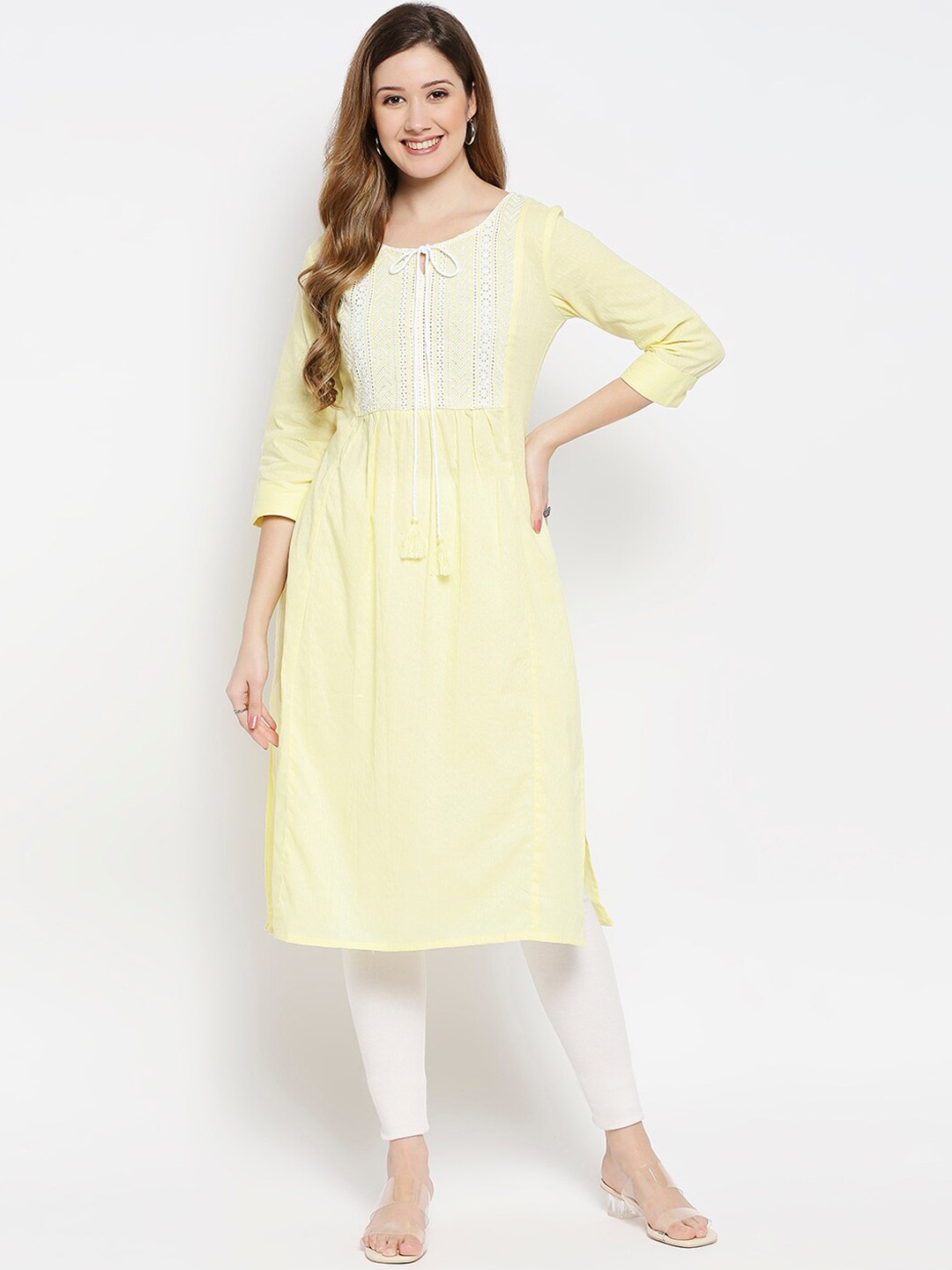 

Ethnicity Women Yellow Yoke Design Keyhole Neck Kurta